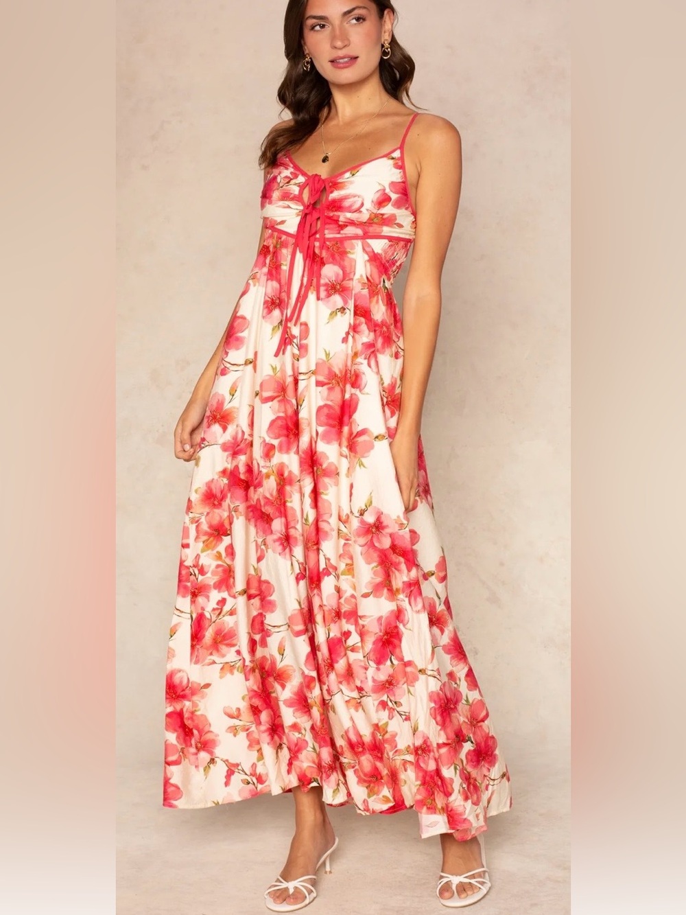 Isla Floral Tie-Front Maxi Dress in Pink and Cream